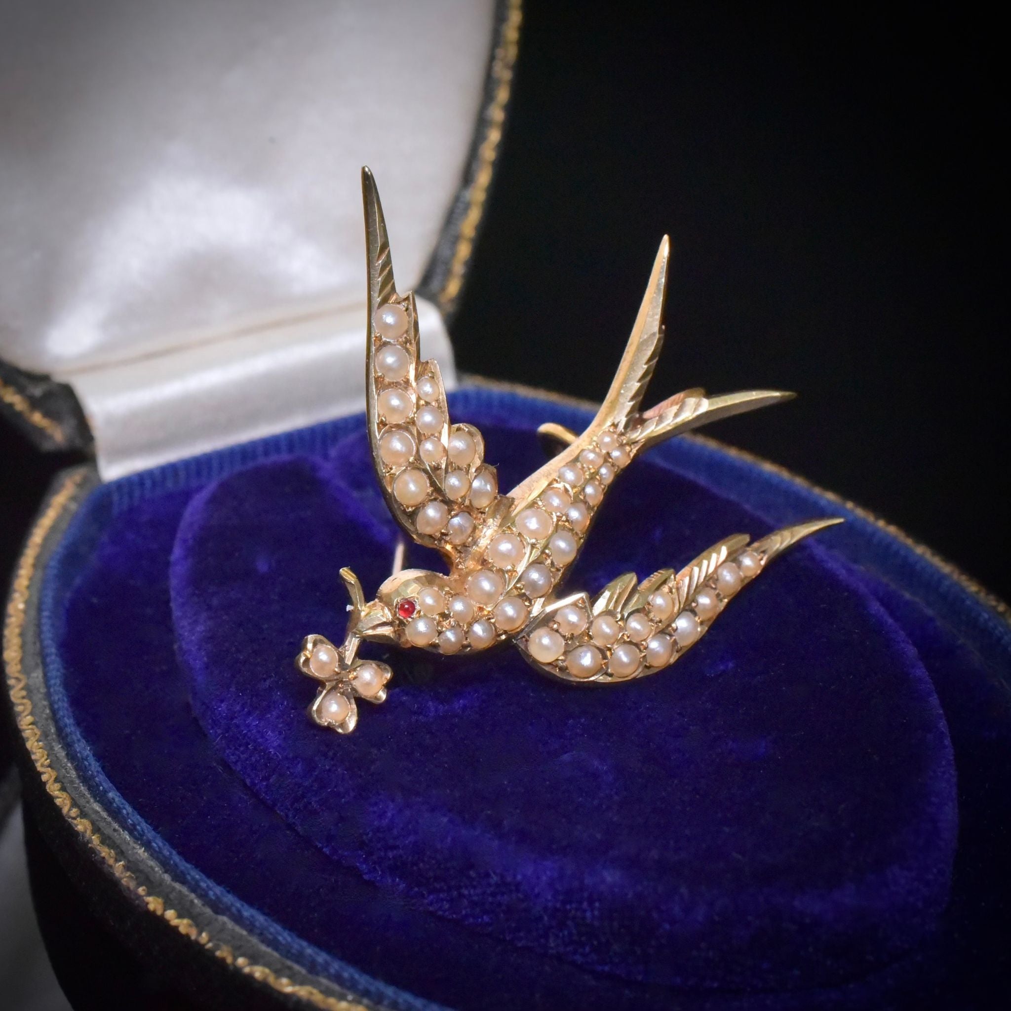 Antique Australian 15ct Rose Gold And Seed Pearl ‘Swallow of Luck’ Brooch Circa 1915