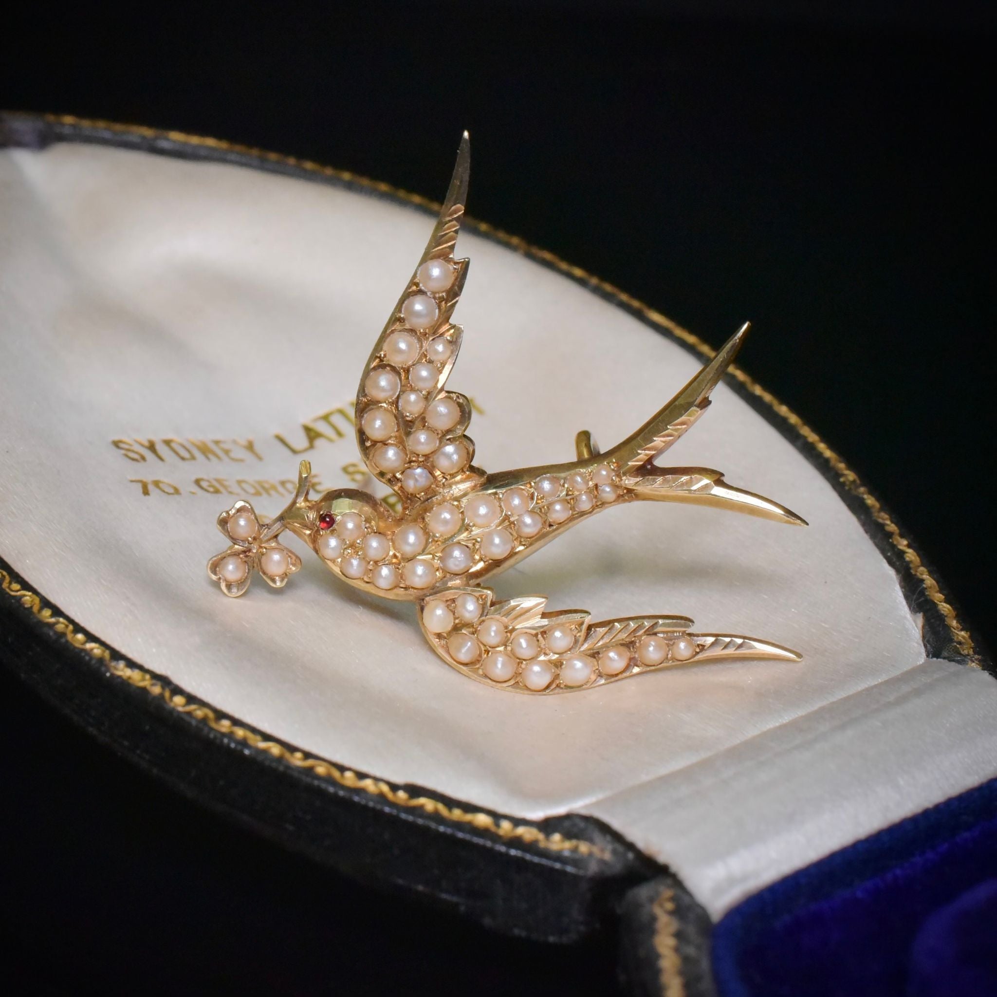Antique Australian 15ct Rose Gold And Seed Pearl ‘Swallow of Luck’ Brooch Circa 1915