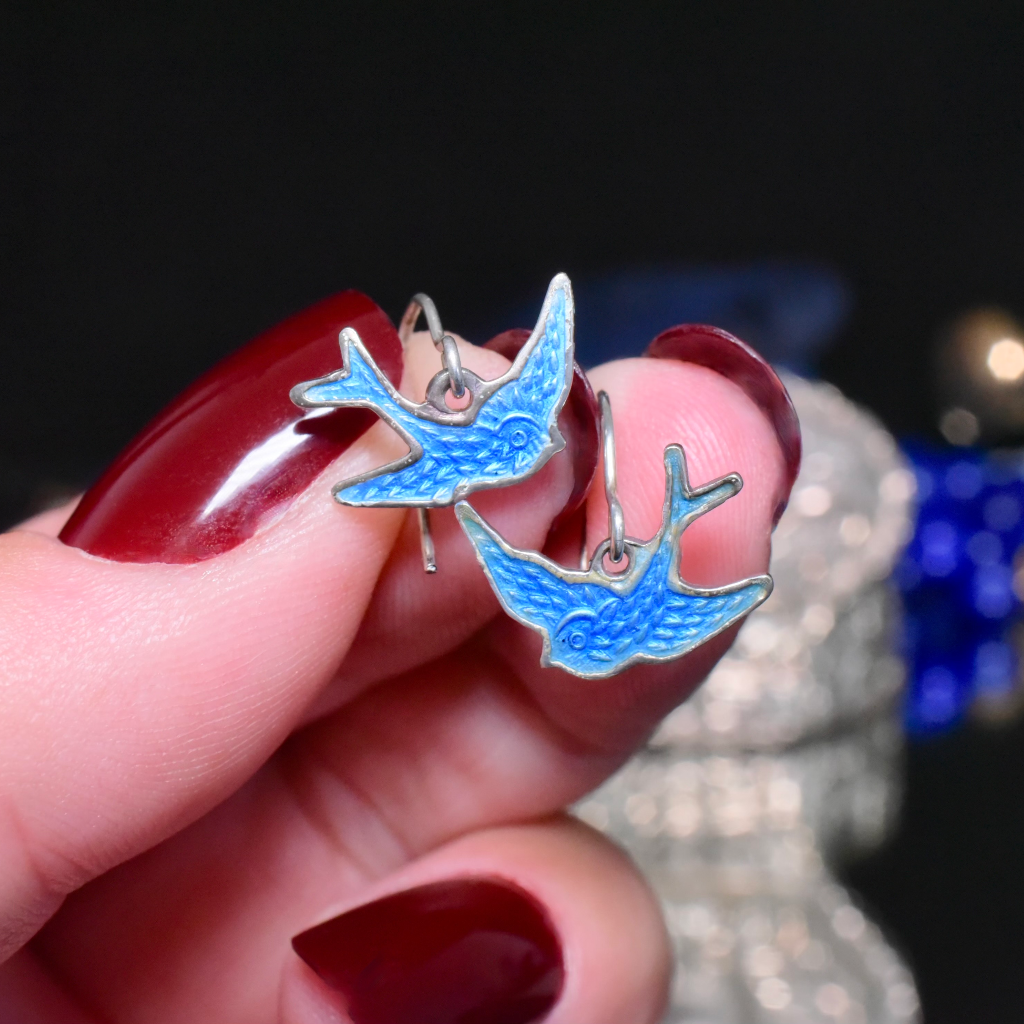 Vintage Australian Sterling Silver Enamel ‘Blue Bird Of Happiness’ Earrings