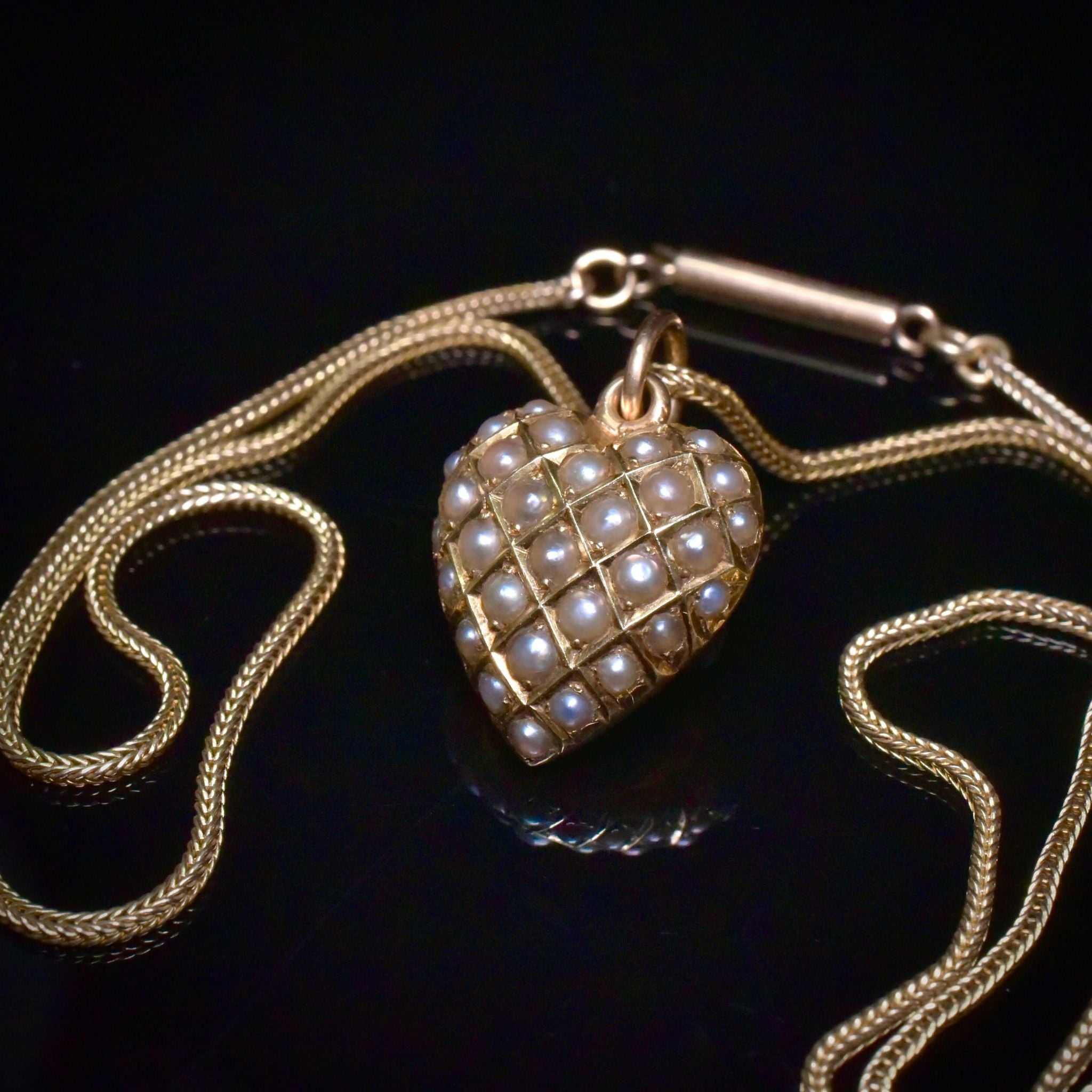 Antique Edwardian Australian 9ct Rose Gold Puffed Heart Pearl Pendant And Original 9ct Gold Chain - Circa 1910-15