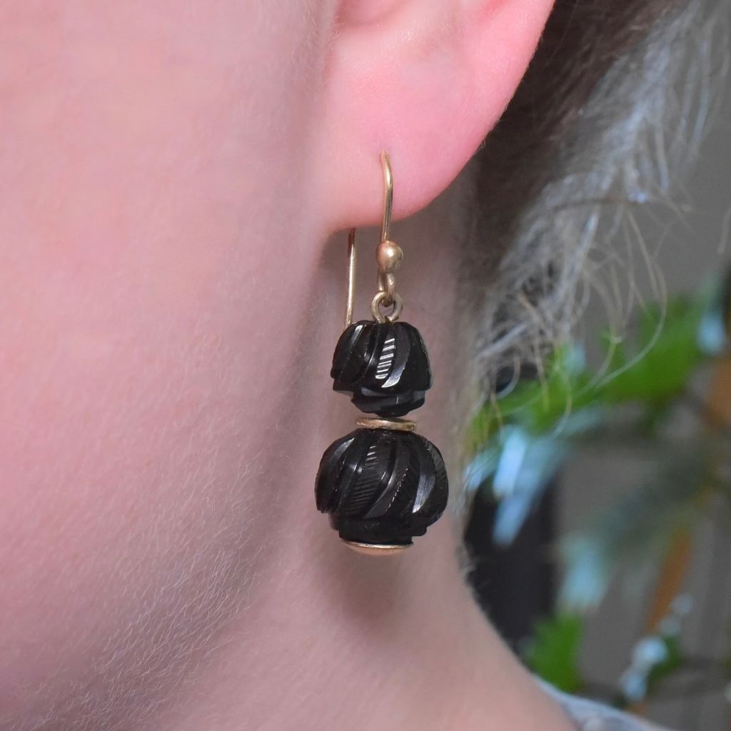 Antique Victorian 9ct Yellow Gold Carved Whitby Jet Earrings Circa 1890
