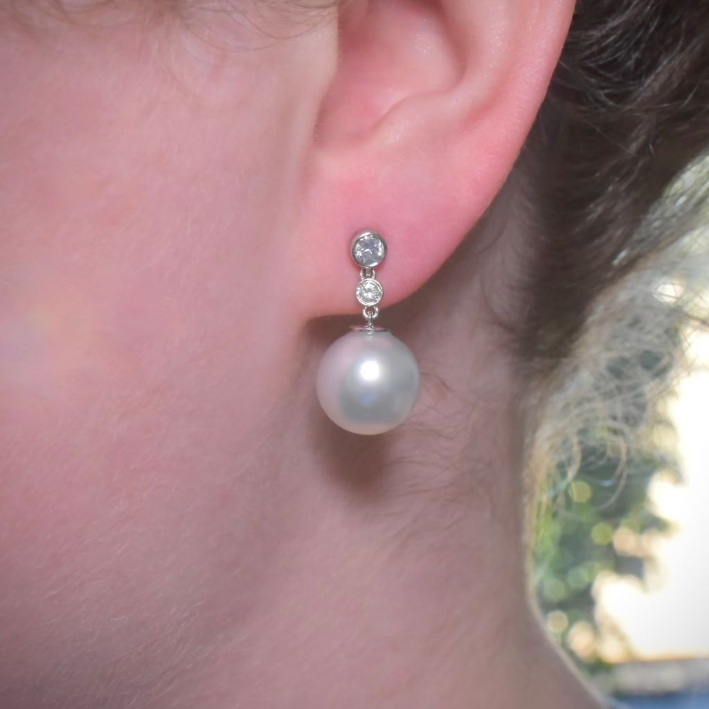 Superb 14ct White Gold South Sea Pearl And Diamond Earrings