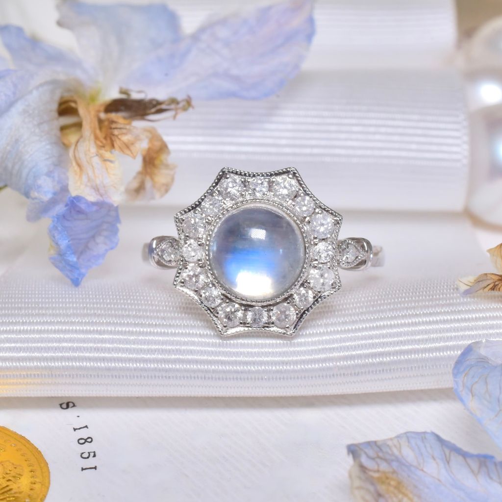 Modern 14ct White Gold Moonstone And Diamond Halo Ring