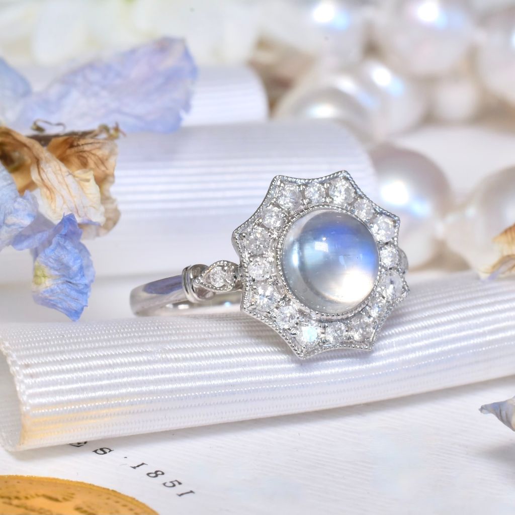 Modern 14ct White Gold Moonstone And Diamond Halo Ring