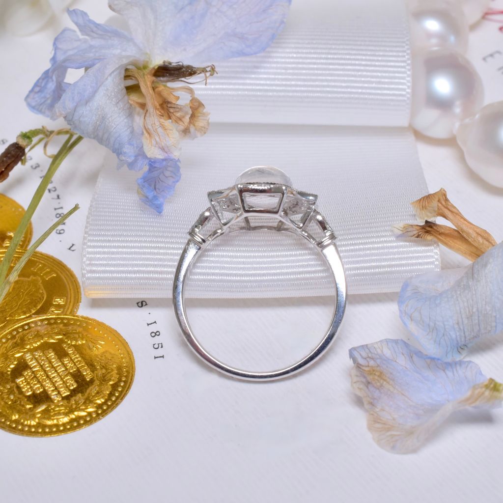 Modern 14ct White Gold Moonstone And Diamond Halo Ring