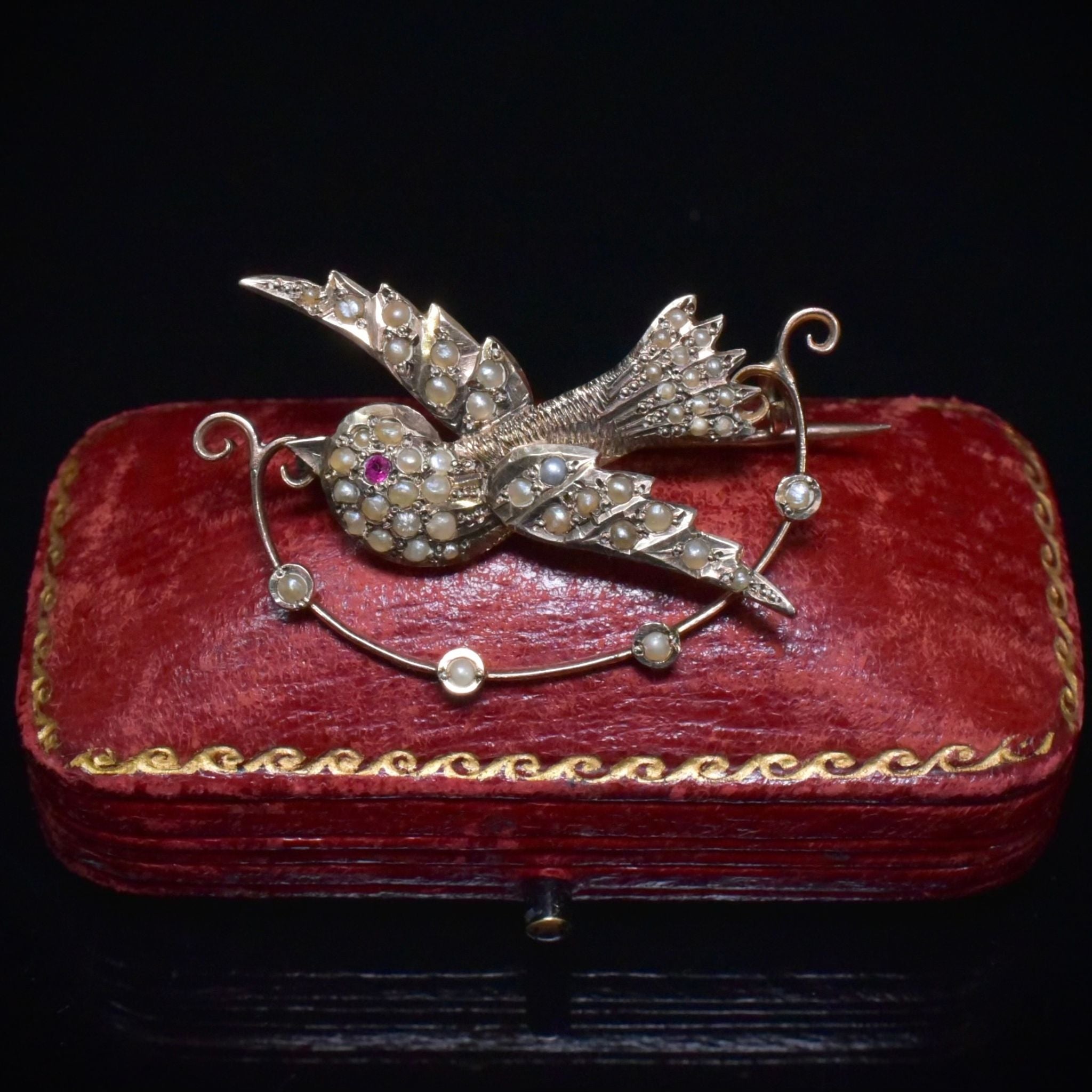 Antique Australian Edwardian 9ct Rose Gold Seed Pearl ‘Dove’ Brooch By Aronson & Co. Circa 1910