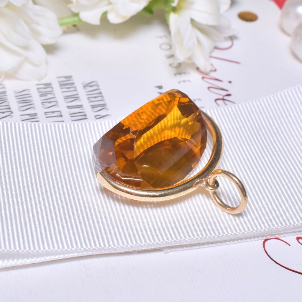 Vintage 9ct Yellow Gold Antique Style Citrine Glass Spinner Fob Pendant 14.3 Grams