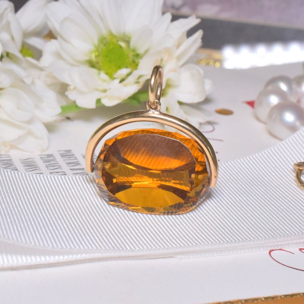 Vintage 9ct Yellow Gold Antique Style Citrine Glass Spinner Fob Pendant 14.3 Grams
