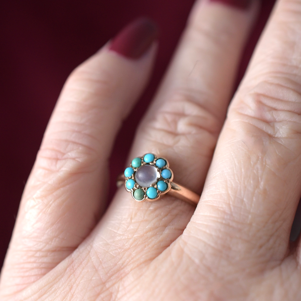 Antique Australian 9ct Rose Gold Moonstone And Turquoise ‘Daisy’ Cluster By H Simonsen Pty Ltd Circa 1915