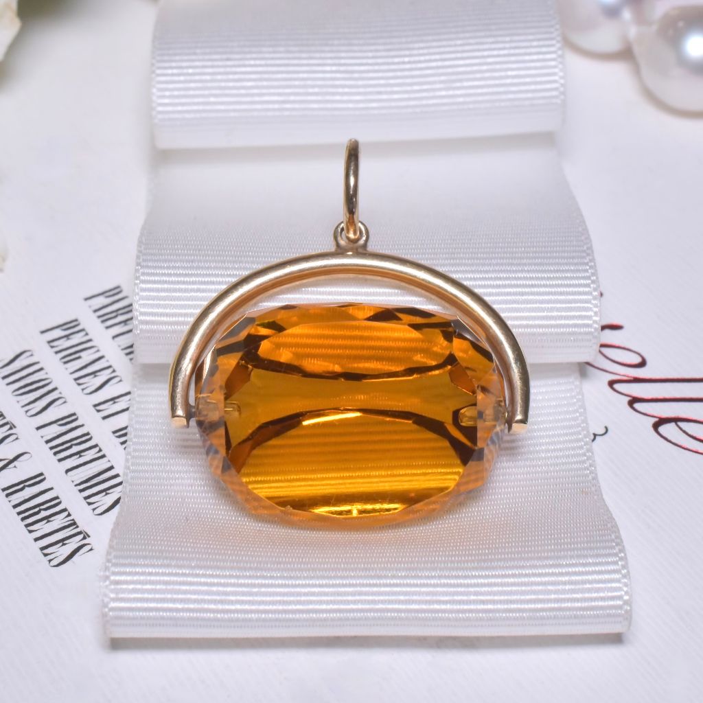 Vintage 9ct Yellow Gold Antique Style Citrine Glass Spinner Fob Pendant 14.3 Grams