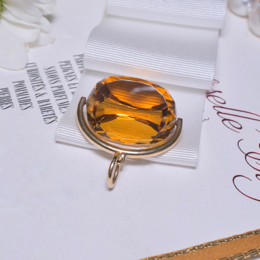 Vintage 9ct Yellow Gold Antique Style Citrine Glass Spinner Fob Pendant 14.3 Grams