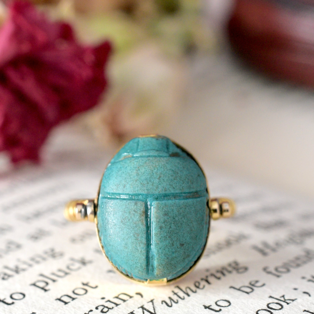 Vintage Art Deco-1940’s 14ct Yellow Gold Faience Scarab Swivel Ring