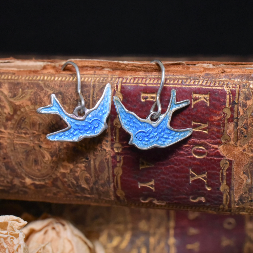 Vintage Australian Sterling Silver Enamel ‘Blue Bird Of Happiness’ Earrings