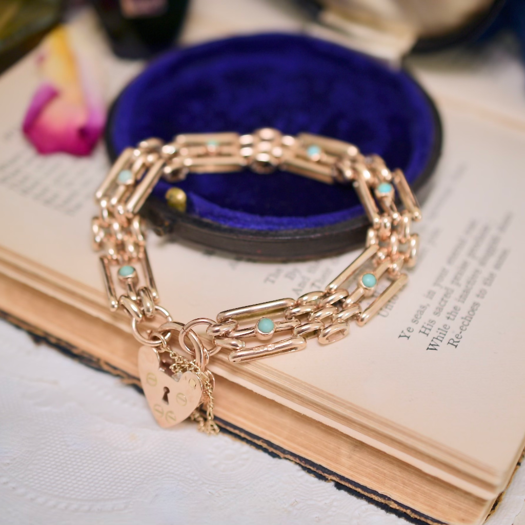 Antique Edwardian 9ct Rose Gold And Turquoise Gatelink Bracelet Circa 1901-1915