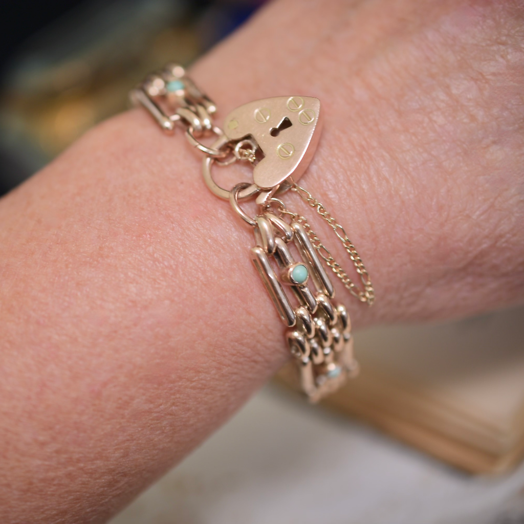 Antique Edwardian 9ct Rose Gold And Turquoise Gatelink Bracelet Circa 1901-1915