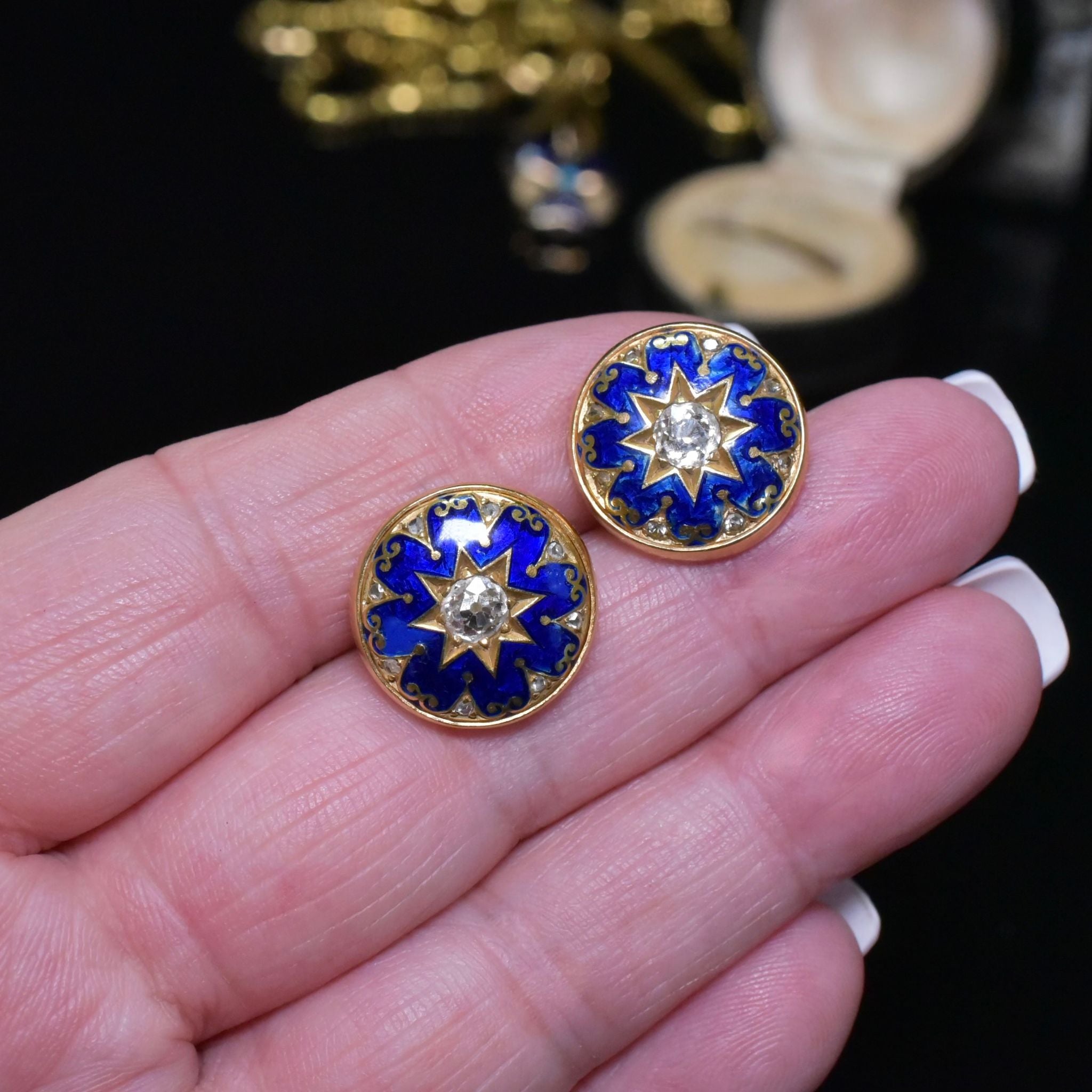 Modern 18ct Yellow Gold Diamond And Enamel Earrings