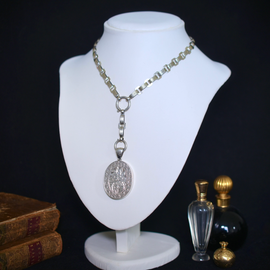 Antique Victorian Sterling Silver Locket And Book-Chain Circa 1890-1900