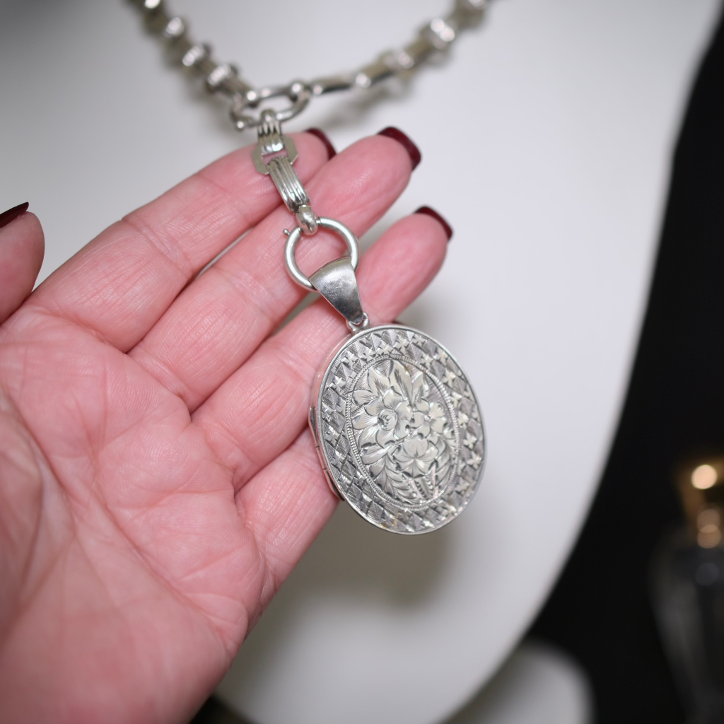 Antique Victorian Sterling Silver Locket And Book-Chain Circa 1890-1900