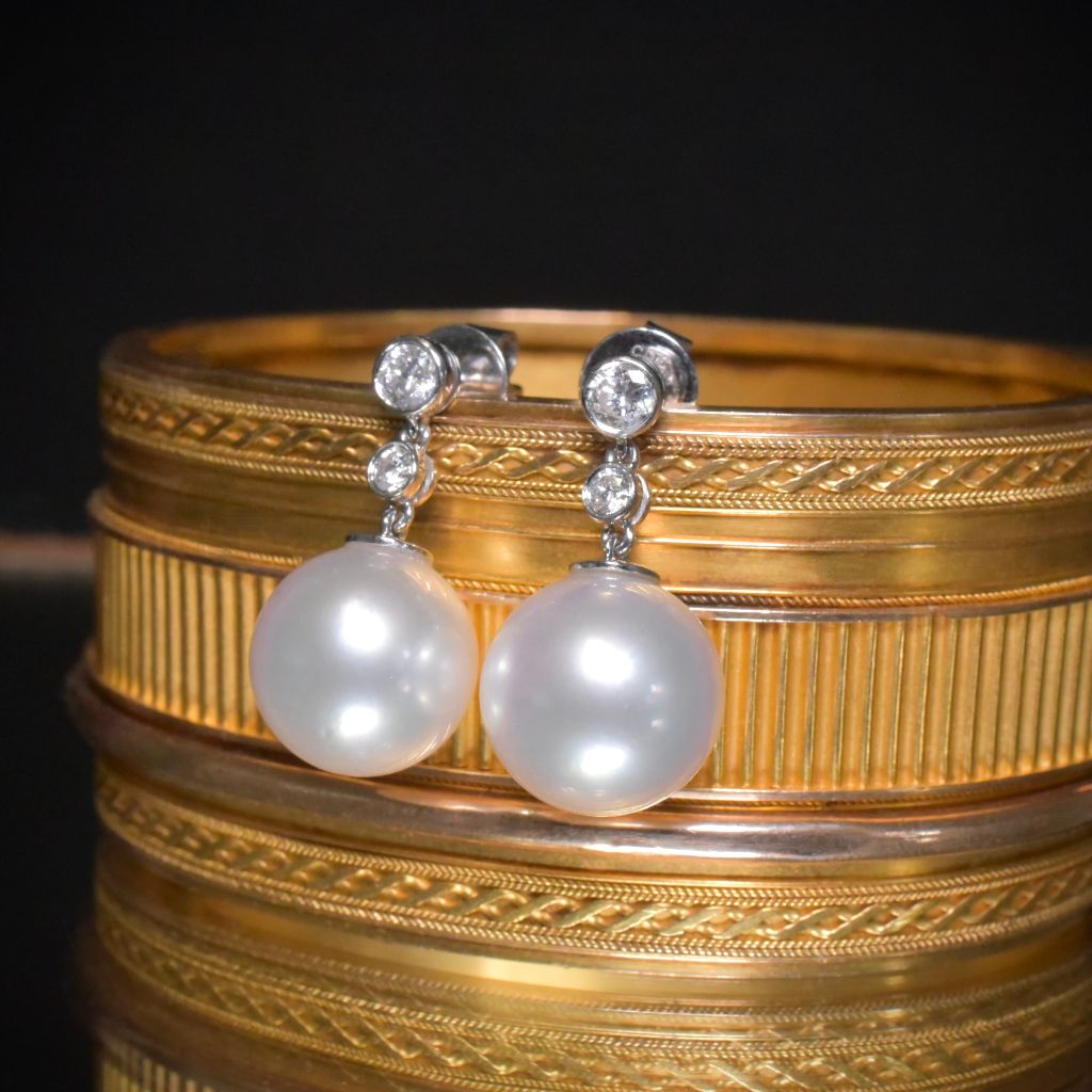 Superb 14ct White Gold South Sea Pearl And Diamond Earrings