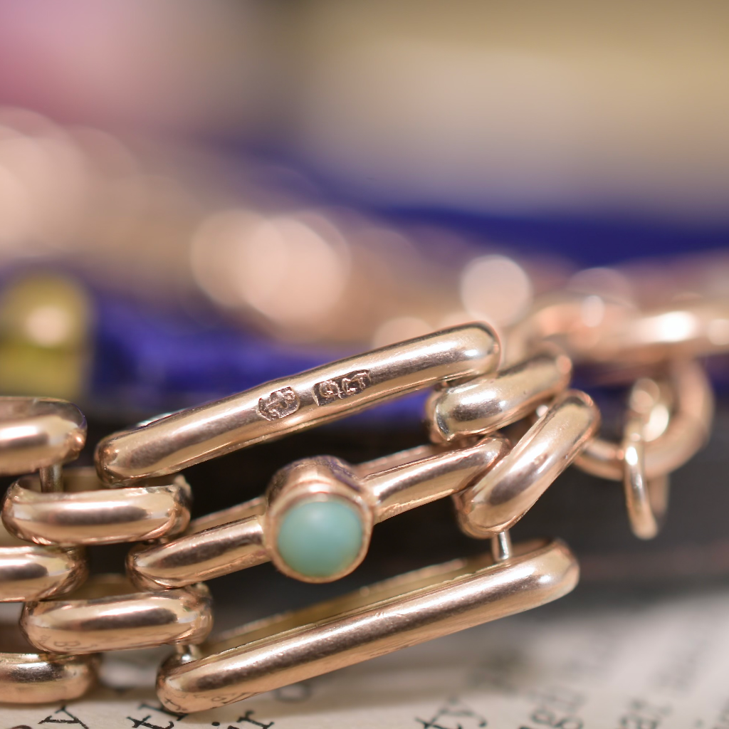 Antique Edwardian 9ct Rose Gold And Turquoise Gatelink Bracelet Circa 1901-1915