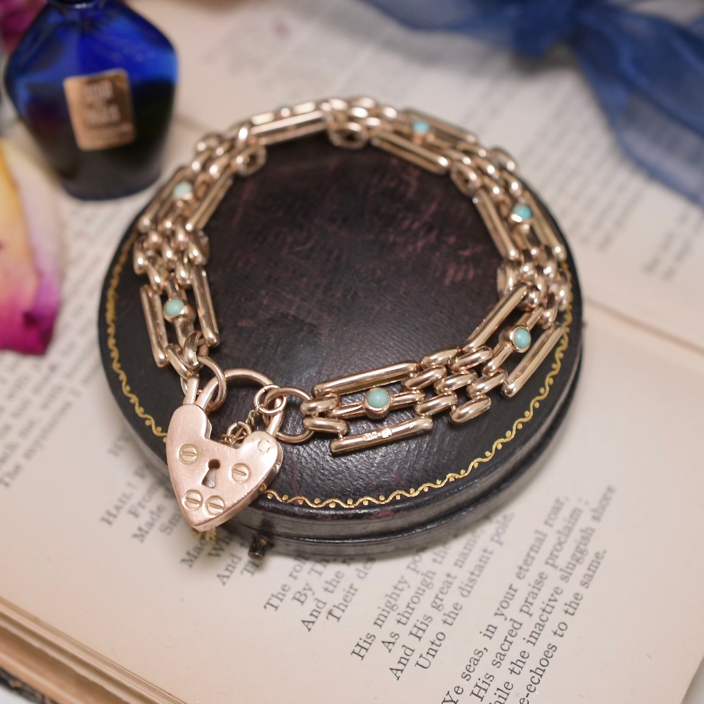 Antique Edwardian 9ct Rose Gold And Turquoise Gatelink Bracelet Circa 1901-1915
