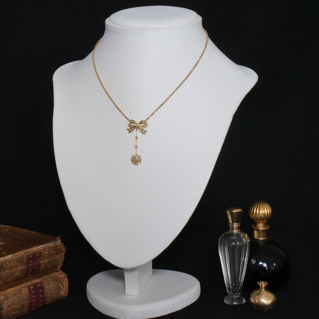 Antique Australian 15ct Yellow Gold Half Seed Pearl Necklace By William Drummond And Co. Circa 1900-1910