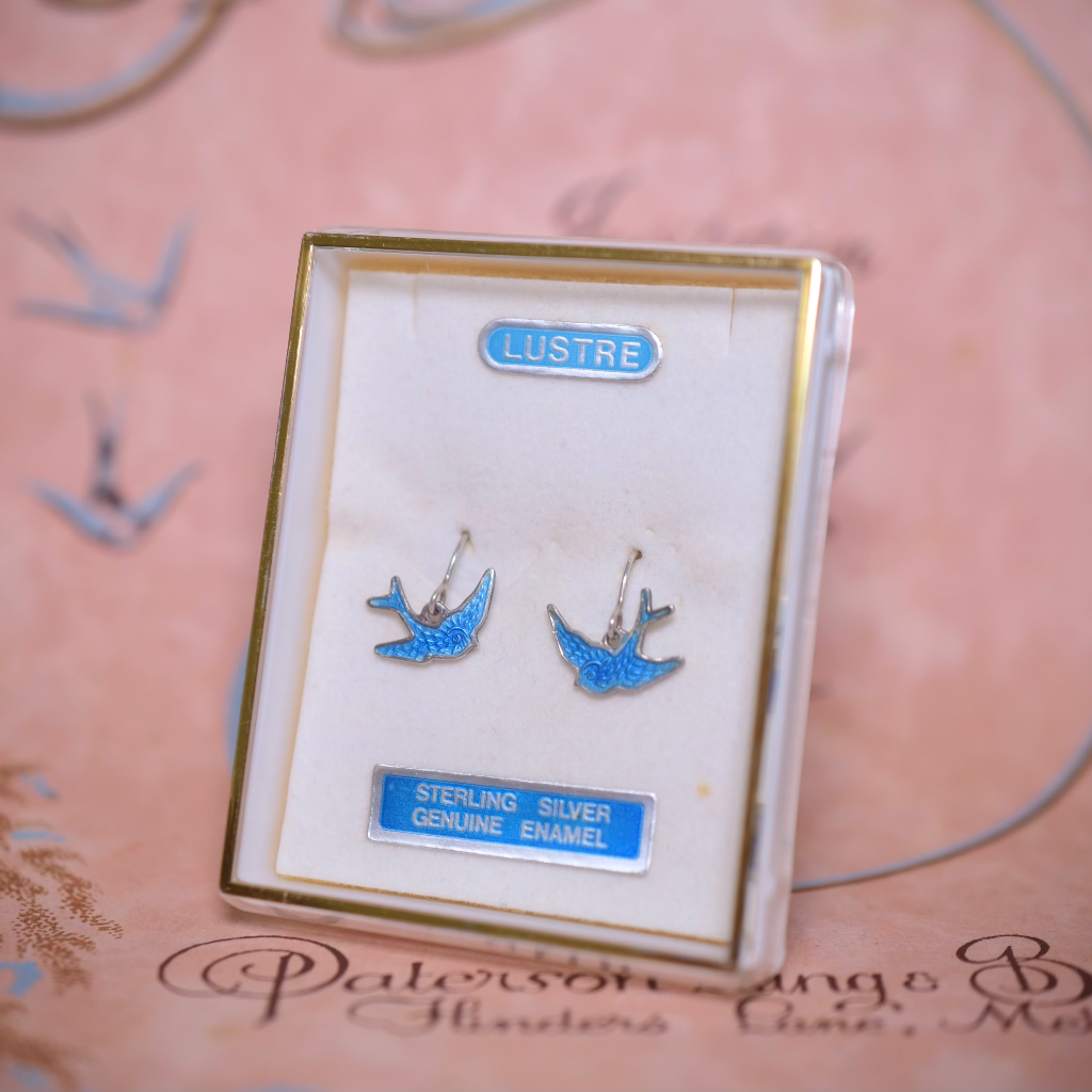 Vintage Australian Sterling Silver Enamel ‘Blue Bird Of Happiness’ Earrings