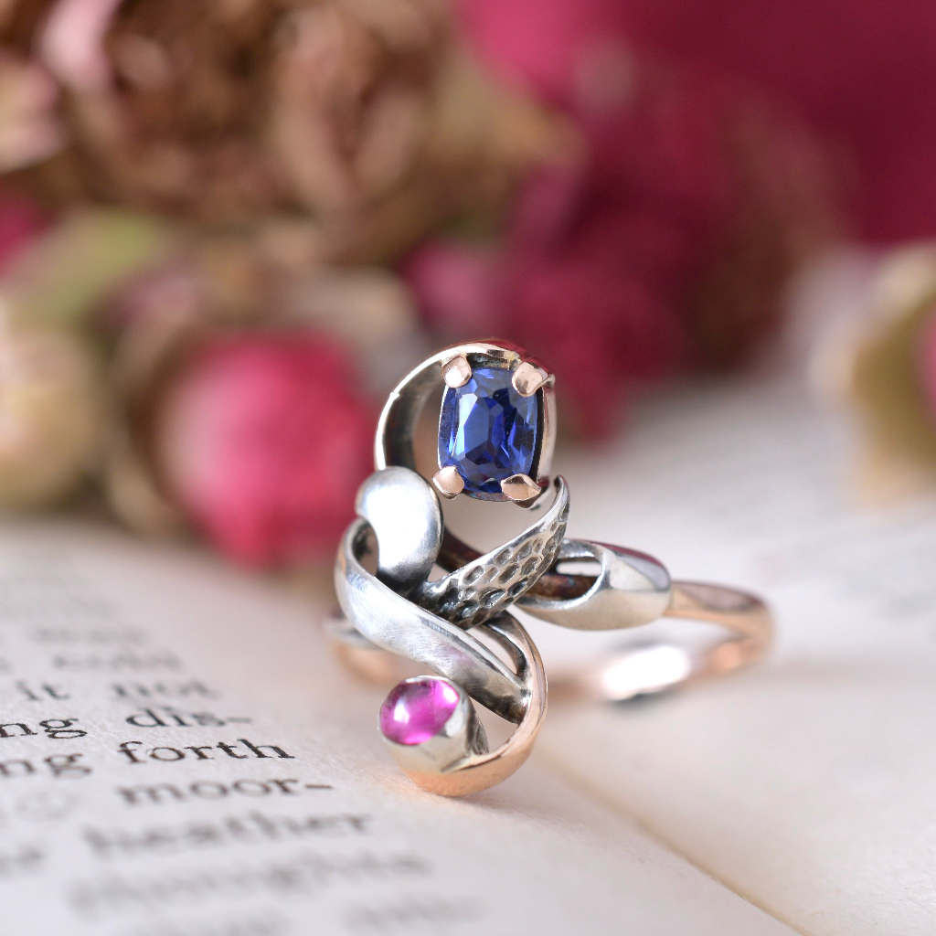 Art Nouveau 14ct Rose Gold Verneuil Sapphire And Ruby Ring