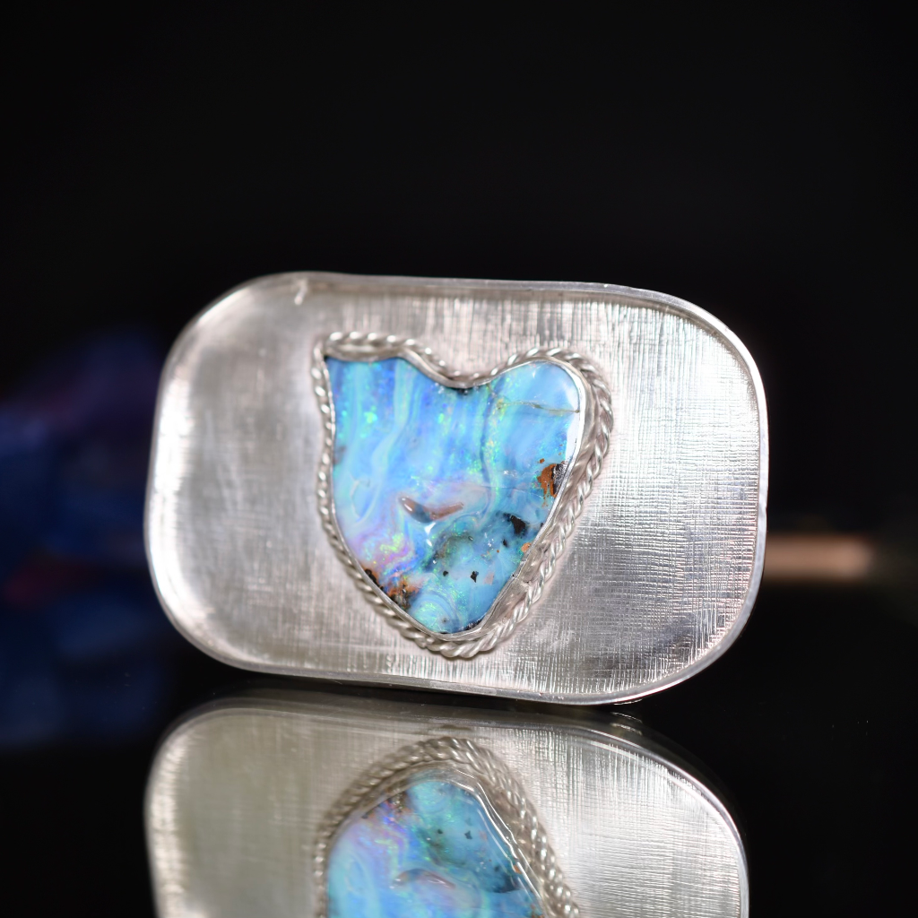 Vintage Australian Mid Century Sterling Silver Boulder Opal Belt Buckle