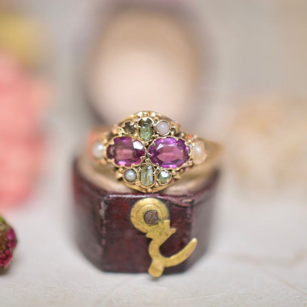Antique Victorian 15ct Rose Gold Garnet, Emerald And Seed Pearl Ring - Birmingham 1870
