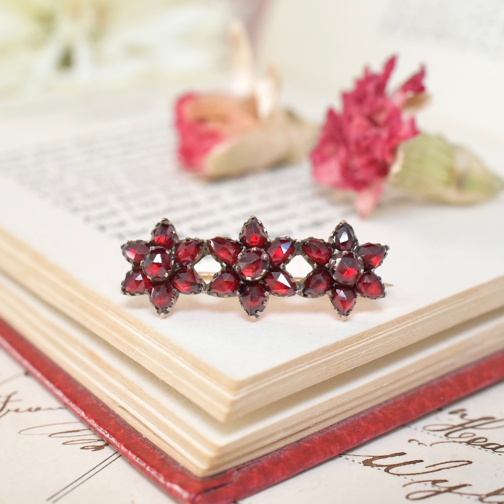 Antique Bohemian Garnet Triple Daisy Bar Brooch Circa 1890