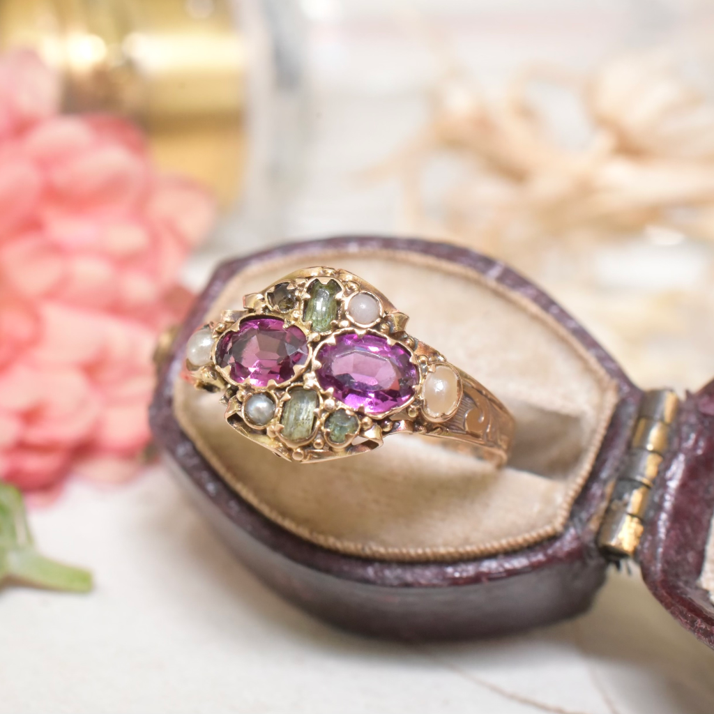 Antique Victorian 15ct Rose Gold Garnet, Emerald And Seed Pearl Ring - Birmingham 1870