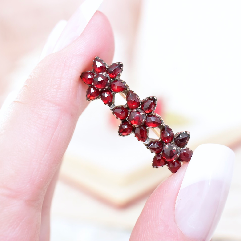 Antique Bohemian Garnet Triple Daisy Bar Brooch Circa 1890