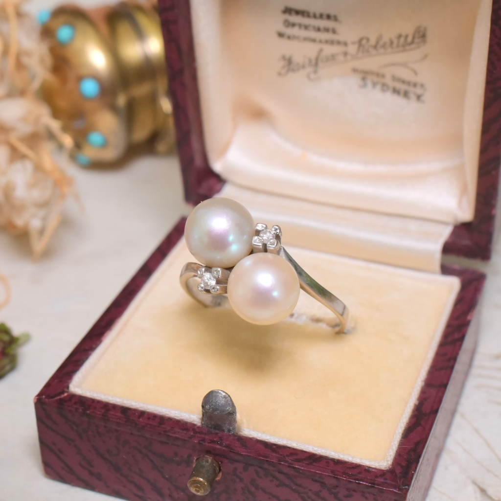 Vintage 14ct White Gold Pearl And Diamond ‘Toi Et Moi’ Ring