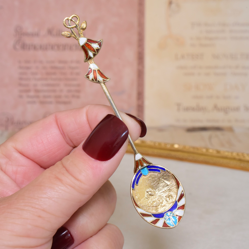 Antique Art Deco Egyptian Revival Silver Enamel Spoon circa 1925