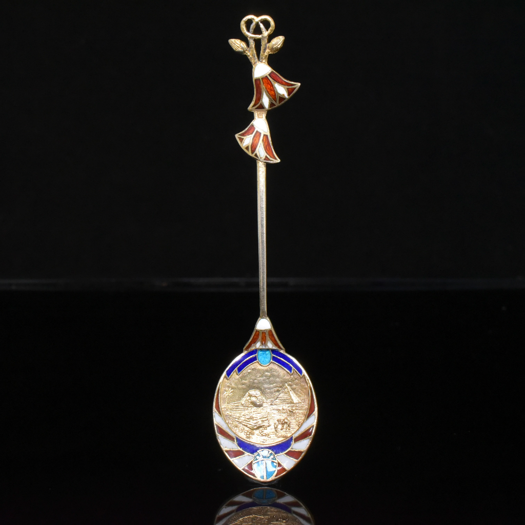 Antique Art Deco Egyptian Revival Silver Enamel Spoon circa 1925