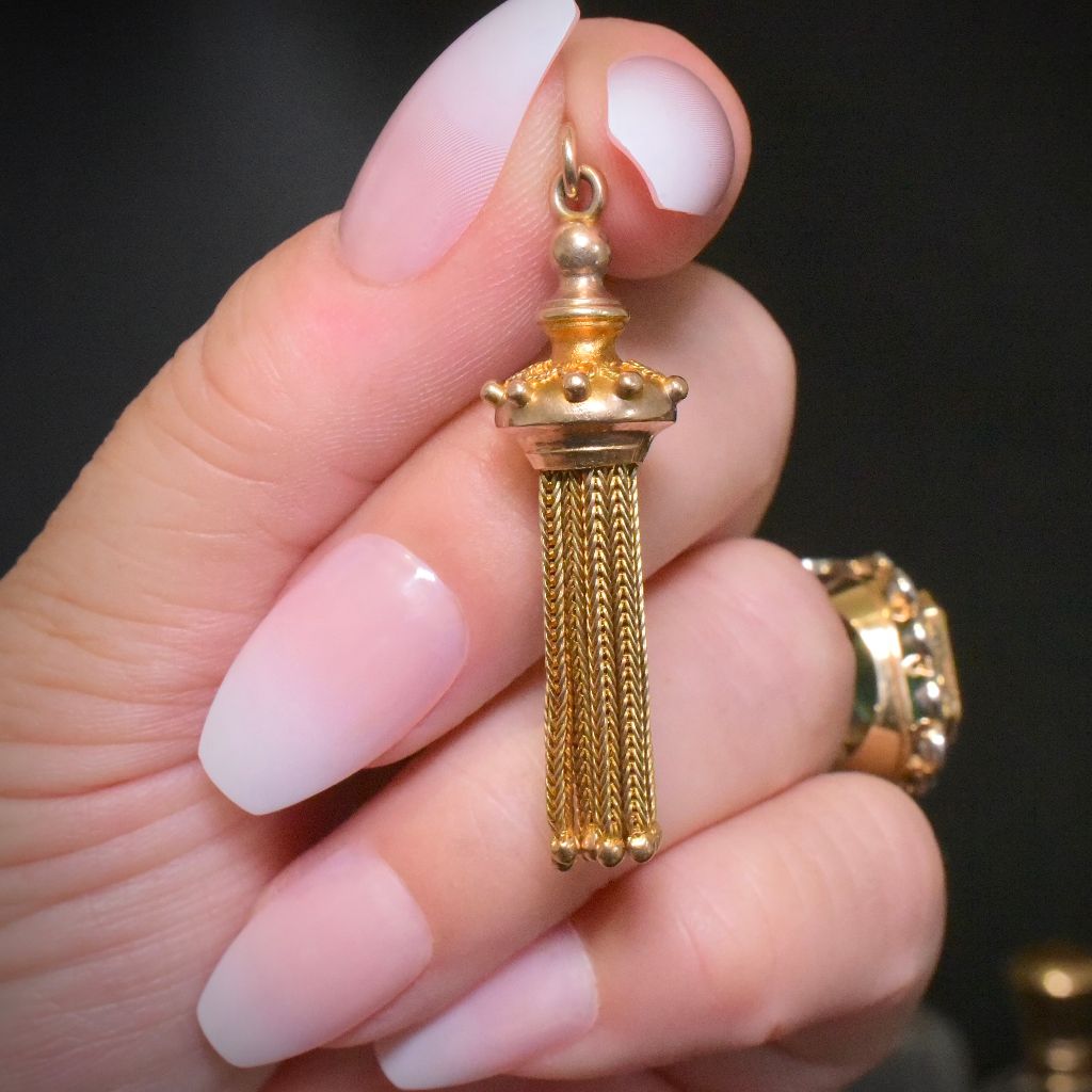 Antique Victorian Etruscan Revival 9ct Yellow Gold Tassel Fob Charm