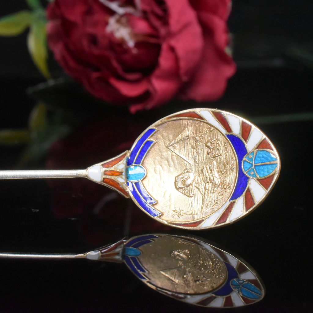Antique Art Deco Egyptian Revival Silver Enamel Spoon circa 1925
