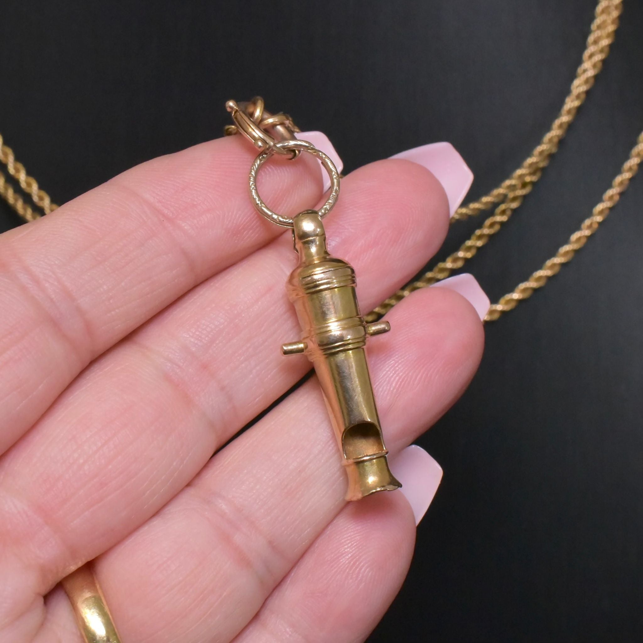 Antique Victorian 15ct (And 9ct) Yellow Gold ‘Whistle’ Canon Pendant With Antique Engraved Split Ring