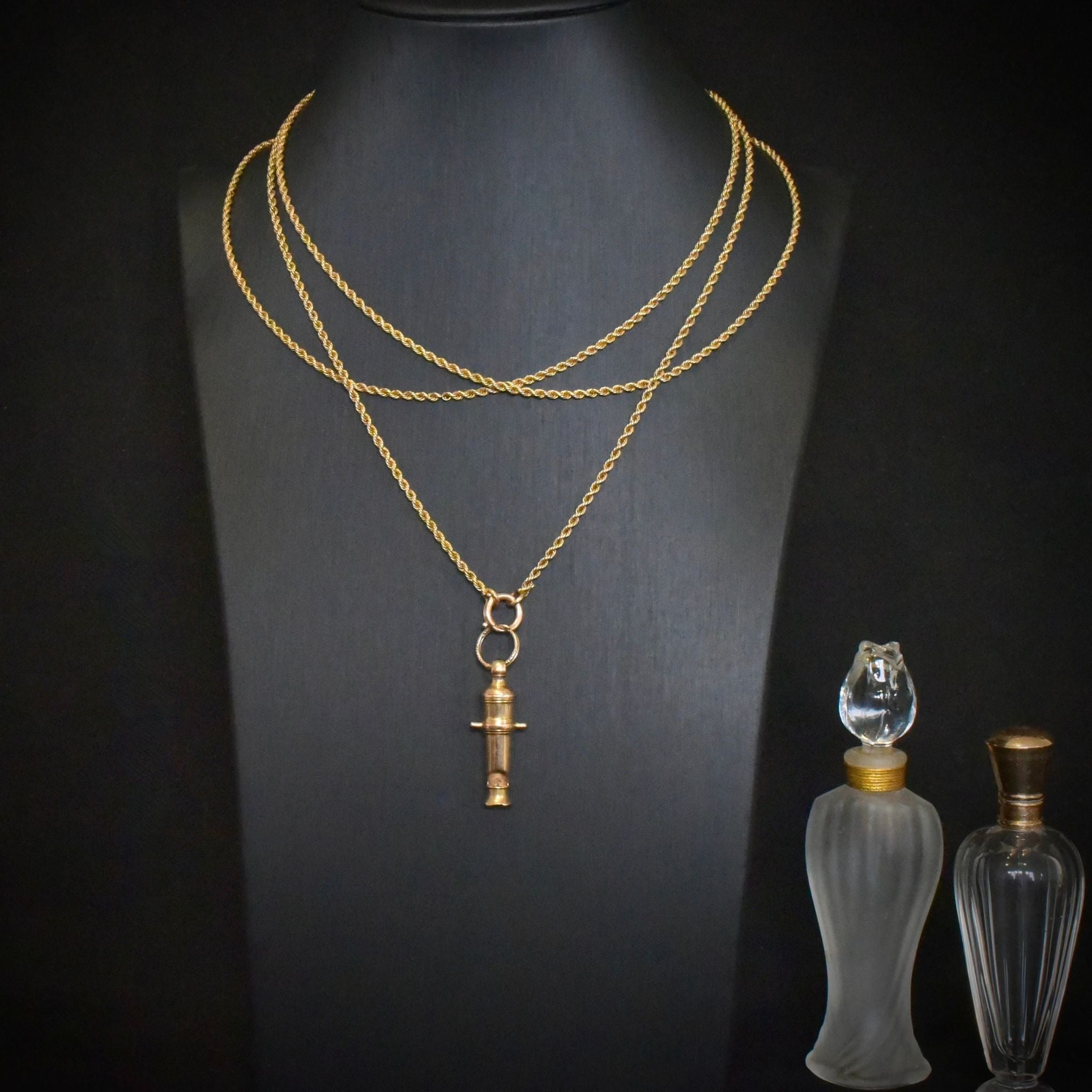 Antique Victorian 15ct (And 9ct) Yellow Gold ‘Whistle’ Canon Pendant With Antique Engraved Split Ring