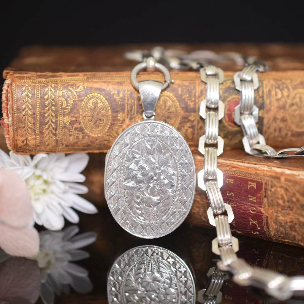Antique Victorian Sterling Silver Locket And Book-Chain Circa 1890-1900