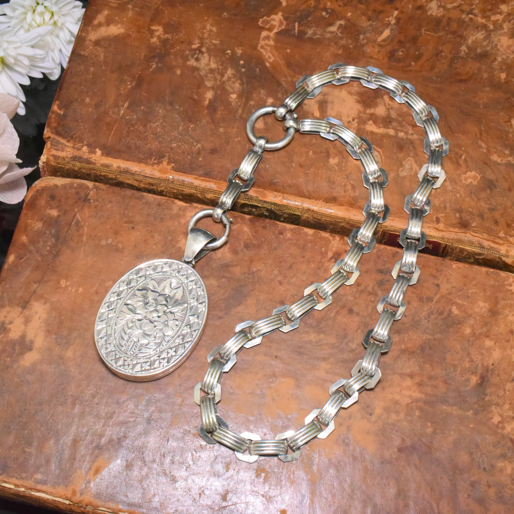 Antique Victorian Sterling Silver Locket And Book-Chain Circa 1890-1900