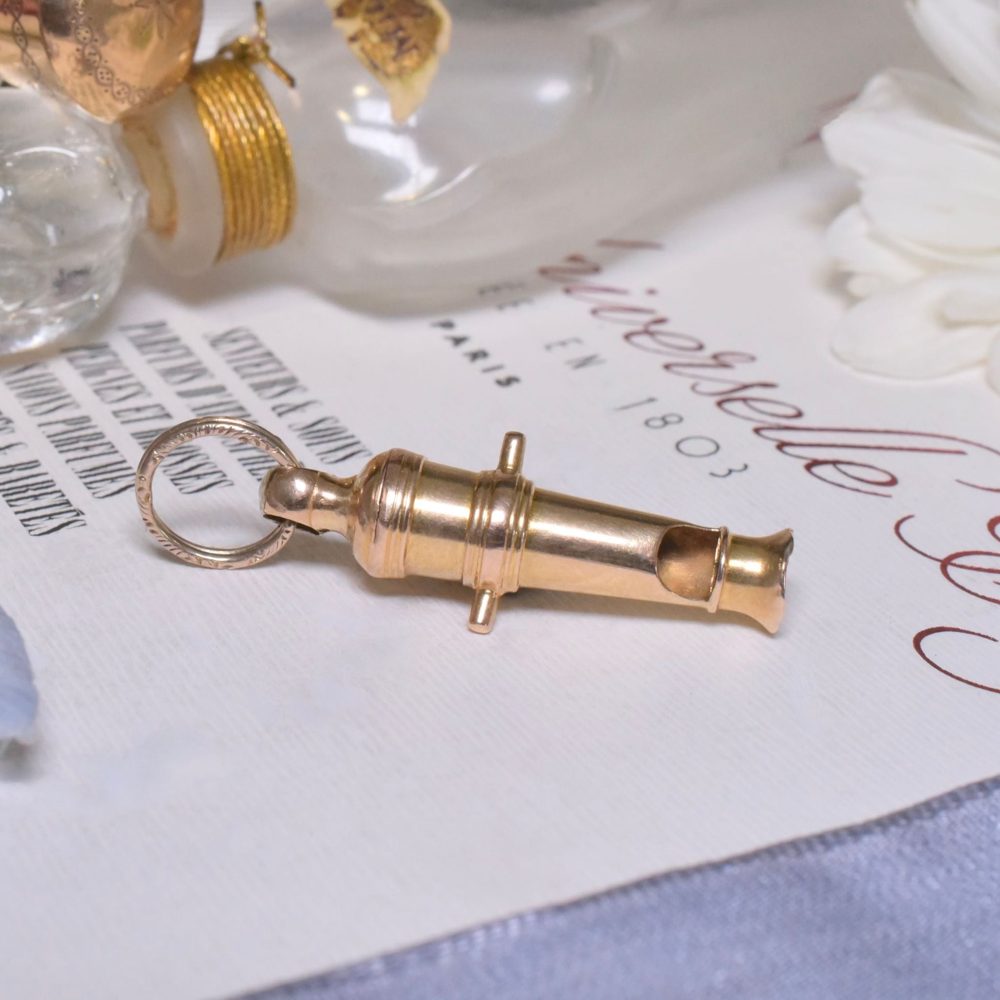 Antique Victorian 15ct (And 9ct) Yellow Gold ‘Whistle’ Canon Pendant With Antique Engraved Split Ring
