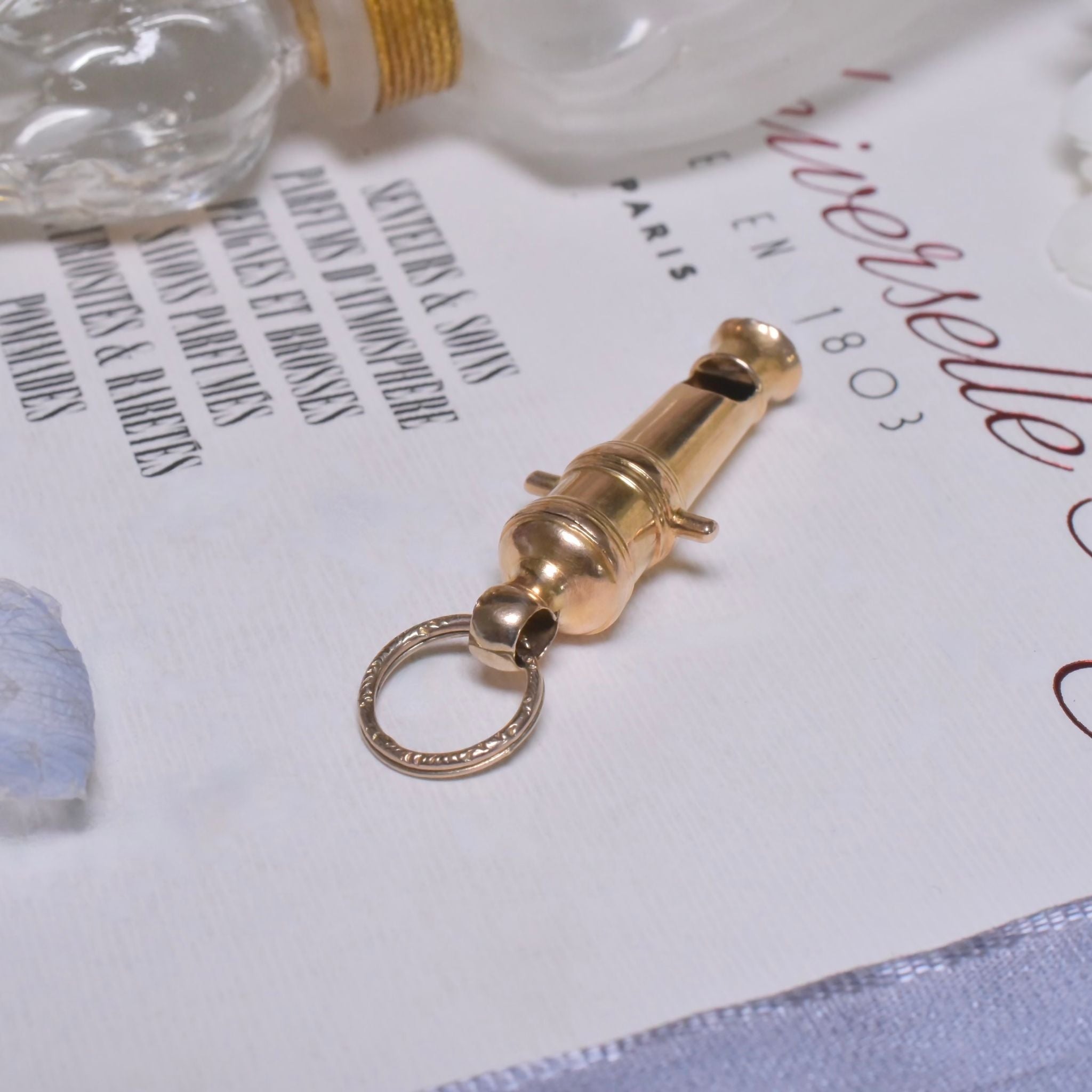 Antique Victorian 15ct (And 9ct) Yellow Gold ‘Whistle’ Canon Pendant With Antique Engraved Split Ring