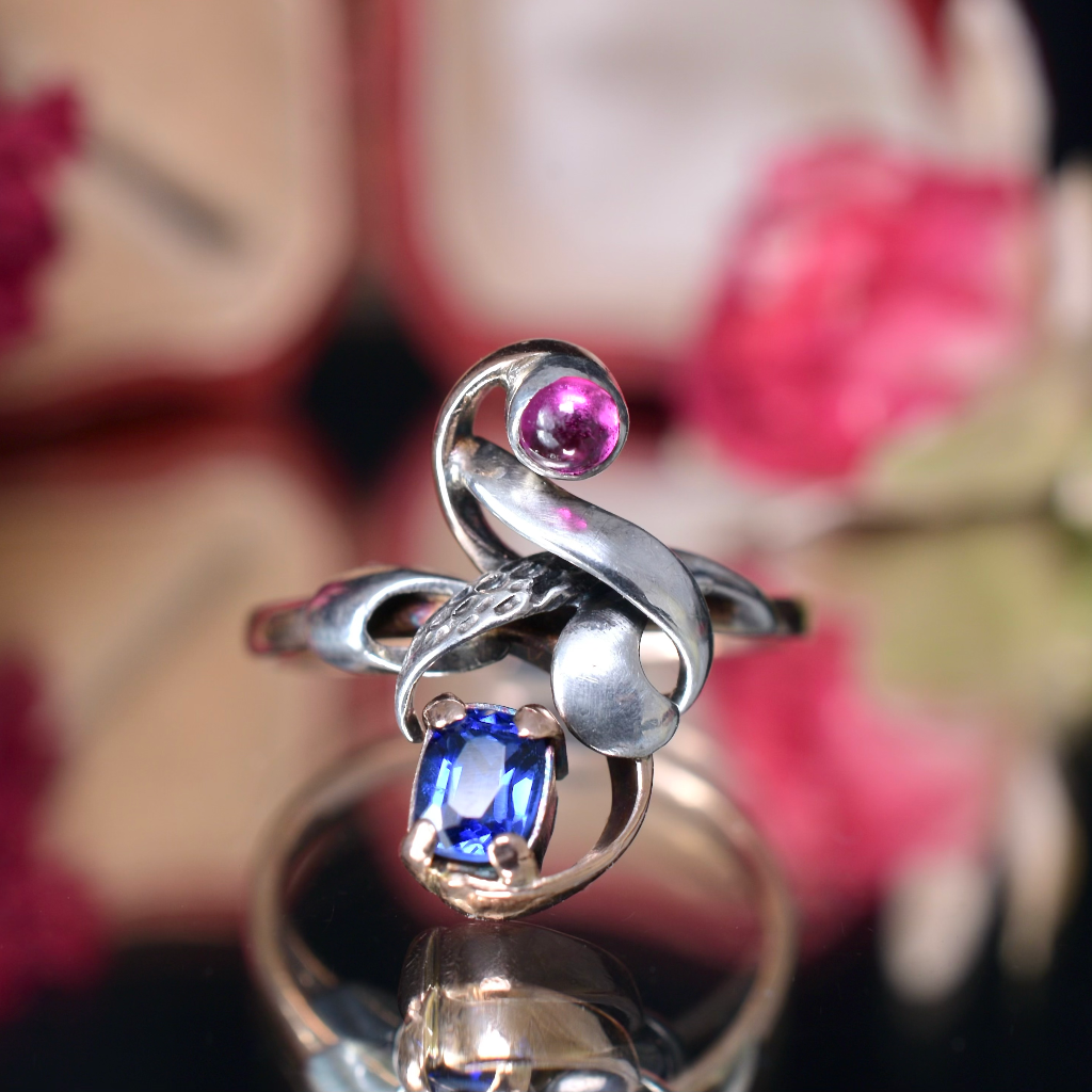 Art Nouveau 14ct Rose Gold Verneuil Sapphire And Ruby Ring