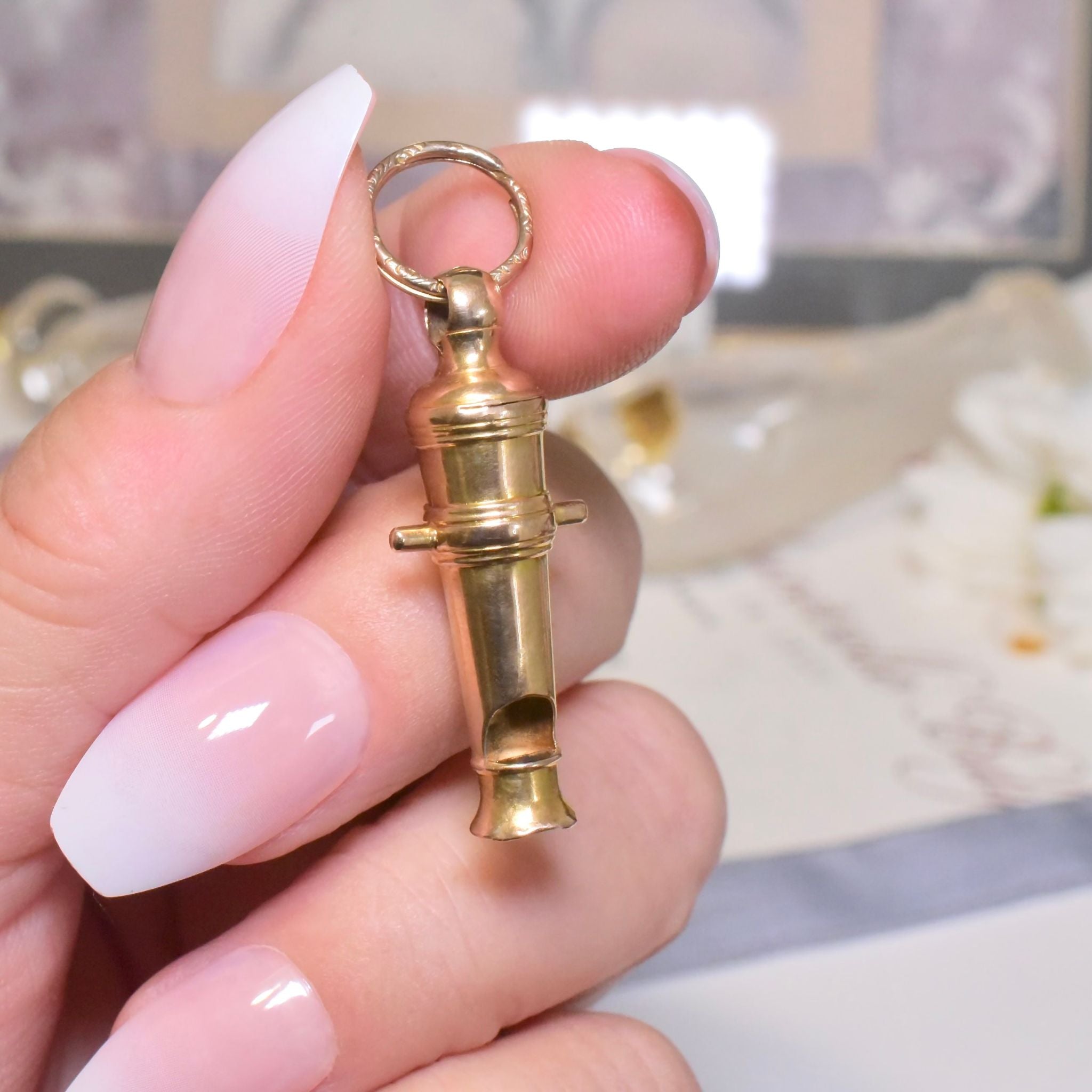 Antique Victorian 15ct (And 9ct) Yellow Gold ‘Whistle’ Canon Pendant With Antique Engraved Split Ring