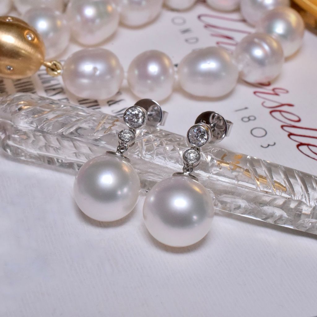 Superb 14ct White Gold South Sea Pearl And Diamond Earrings