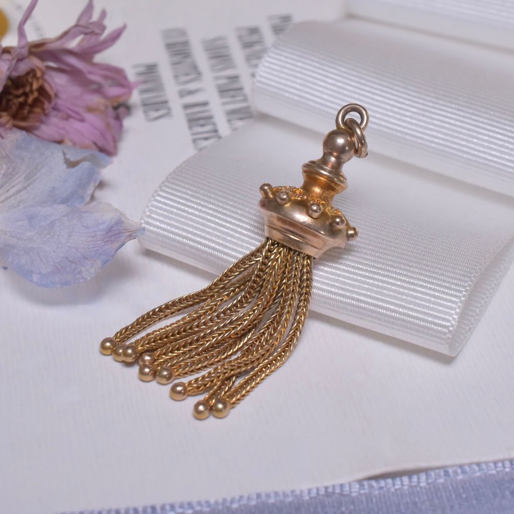 Antique Victorian Etruscan Revival 9ct Yellow Gold Tassel Fob Charm