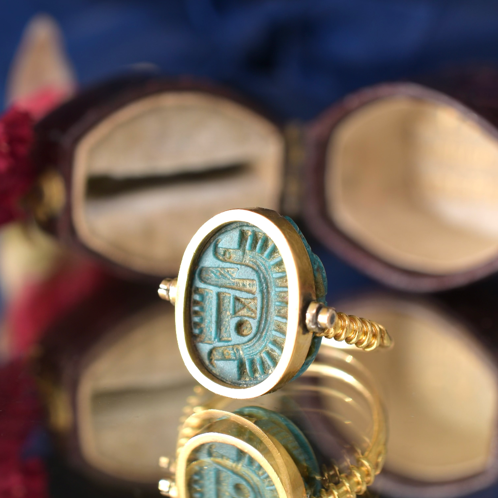 Vintage Art Deco-1940’s 14ct Yellow Gold Faience Scarab Swivel Ring