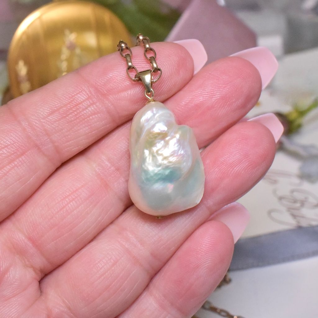 Contemporary 9ct Yellow Gold Large Baroque Pearl Pendant